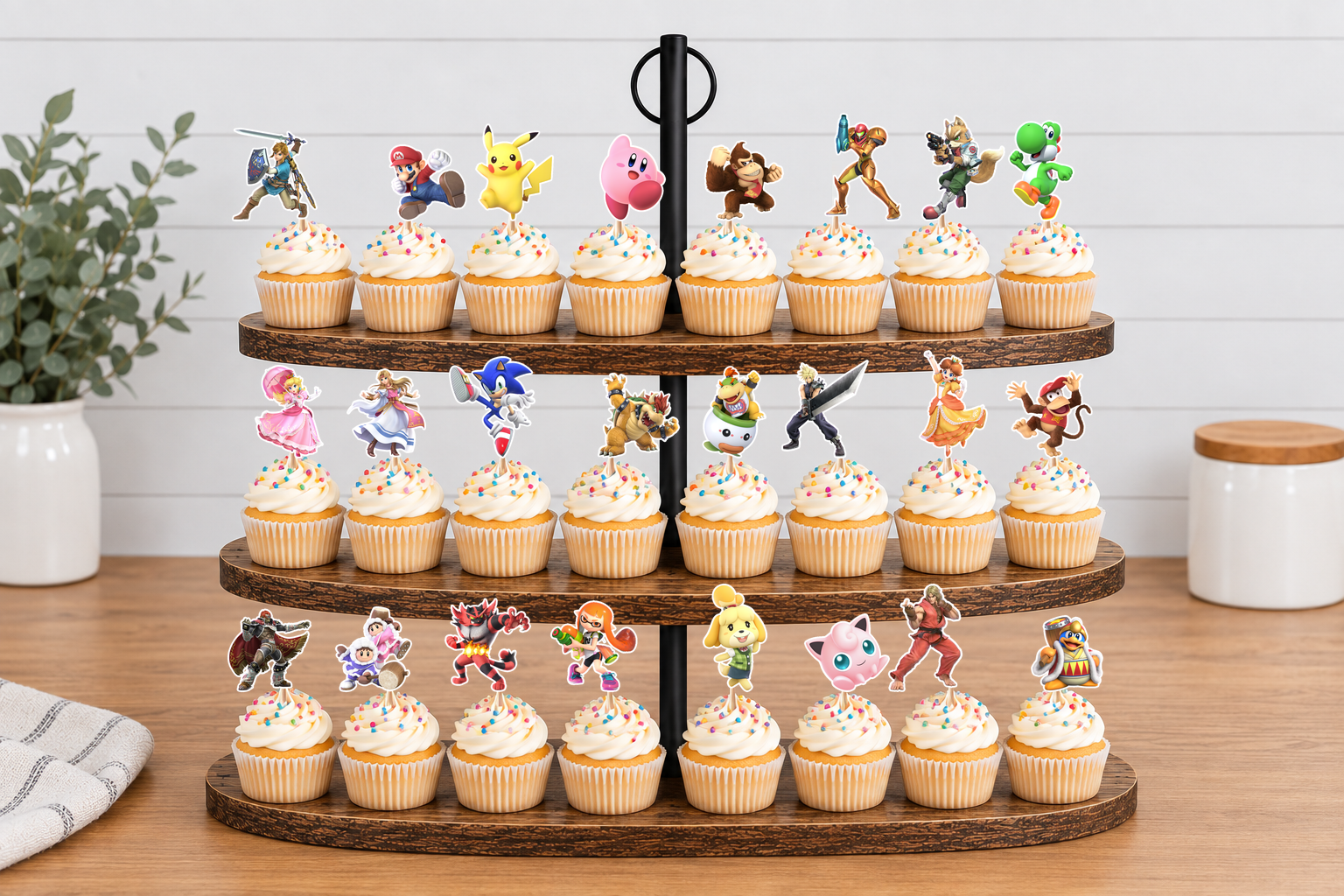 Gaming character cupcake toppers on cupcakes
